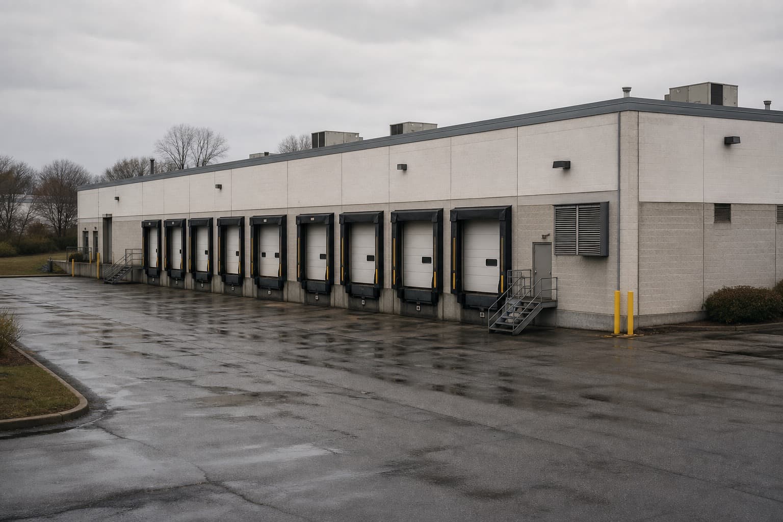 Wide flat low-slope roof over a mid-size New England distribution warehouse
