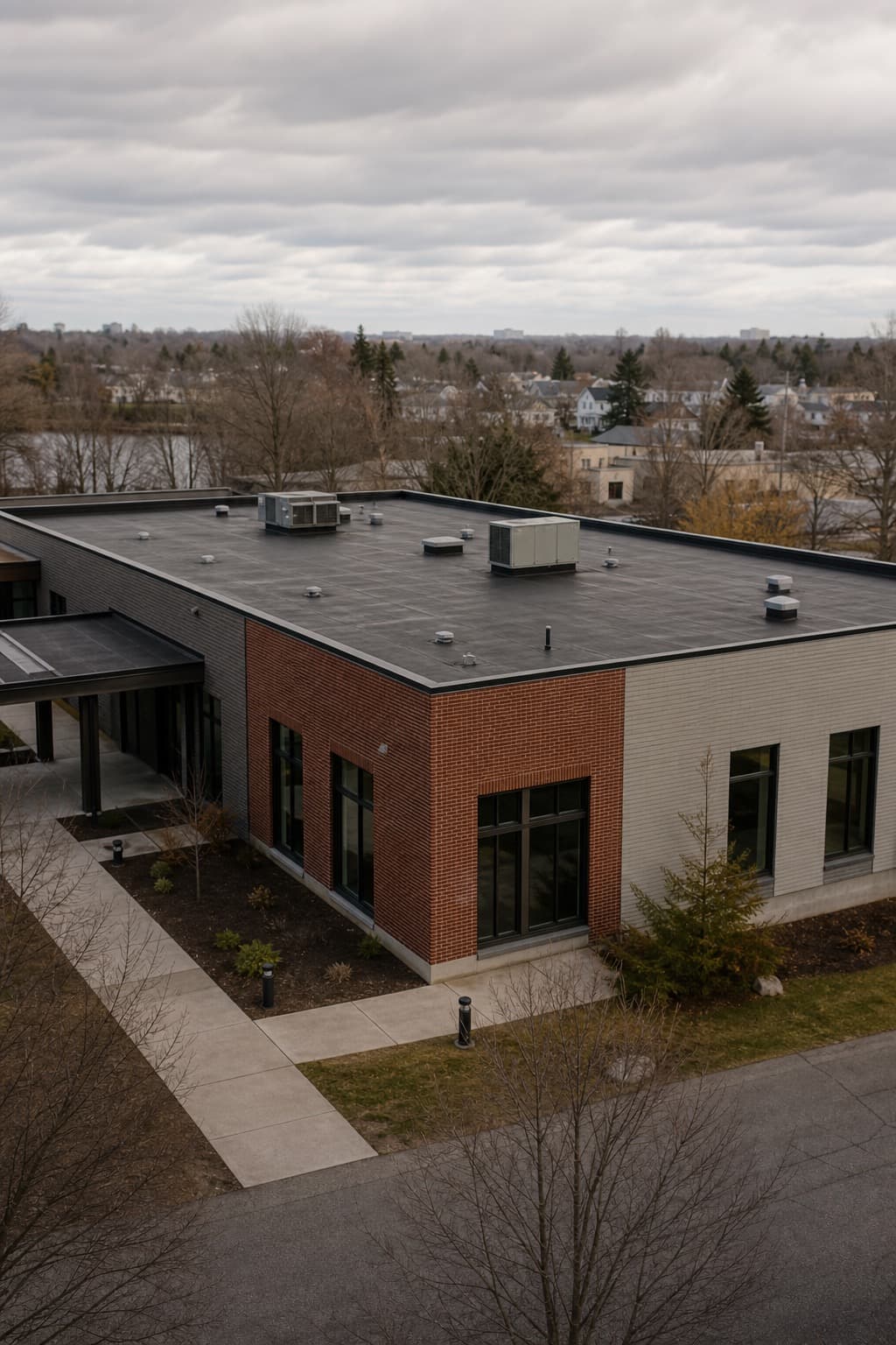 Flat and low-slope roof sections over a mid-size New England community and worship building