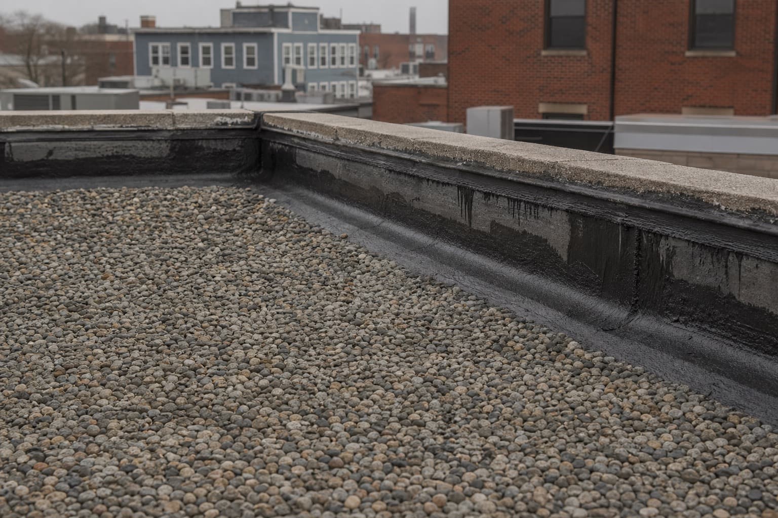 Gravel-surfaced built-up roof on an older commercial building