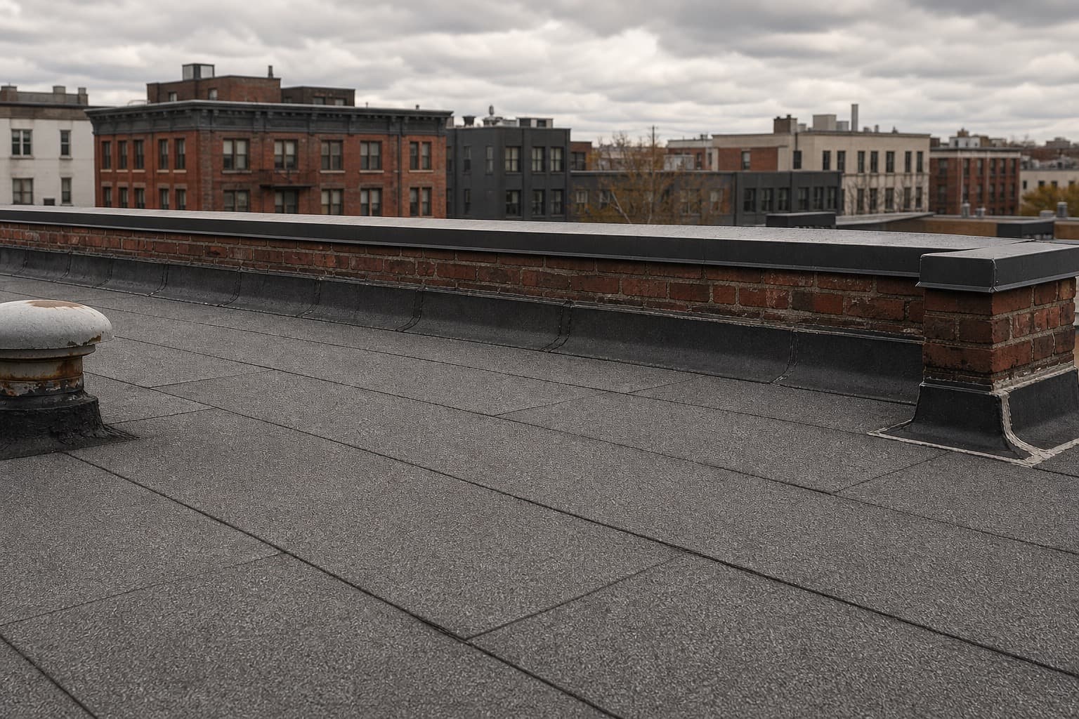 Granule-surfaced modified bitumen membrane on a commercial flat roof
